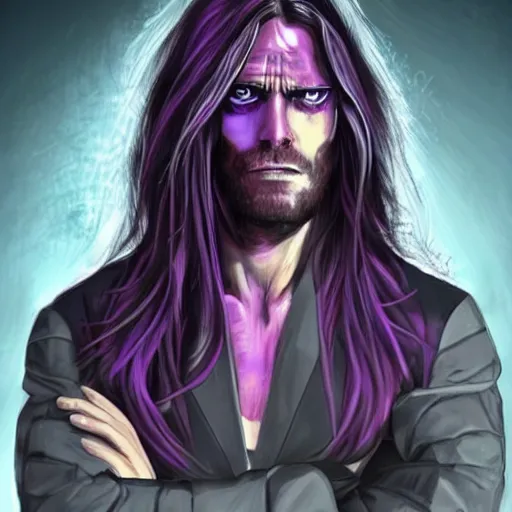 Prompt: long haired man with extremely large and intricate eye cyberpunk bionics with angry purple eyes and slim features looking askance,