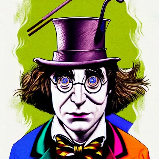 Prompt: graphic illustration, creative design, harry potter as willy wonka, biopunk, francis bacon, highly detailed, hunter s thompson, concept art