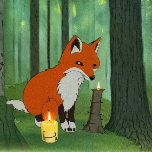 Prompt: a fox carrying a candle in the forest by studio ghibli