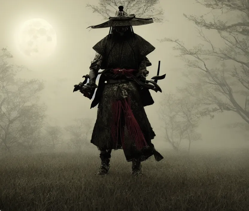 Image similar to 'a samurai! haunted by souls and ghosts with a big full moon on background , gloomy and foggy atmosphere, octane render, artstation trending, horror scene, highly detailded'