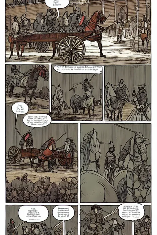 Image similar to a ( ( ( ( ( ( ( ( knight ) ) ) ) ) ) ) ) riding a wagon!!!!!!!!!!!!!! by greg darrow and greg rutowski, muted colors, detailed