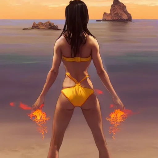 Prompt: female firebender training on the beach, wearing a bikini!!!!, attractive, visible flames!!!!, martial arts training, kick, punch it's all in the mind, casual, highly detailed, digital painting, artstation, concept art, smooth, sharp focus, illustration, art by artgerm, greg rutkowski and alphonse mucha