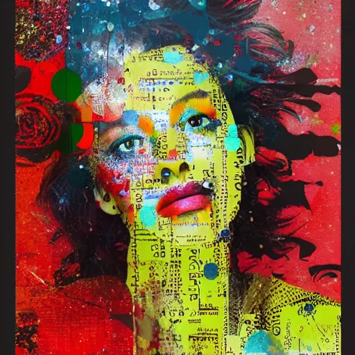 Image similar to a portrait of a young beauty constructed from collage, stickers, drop shadow, layered composition, layers, texture, mcu, highly textured, layered, sculpted, dynamic, splatter, splash, acrylic, mixed media