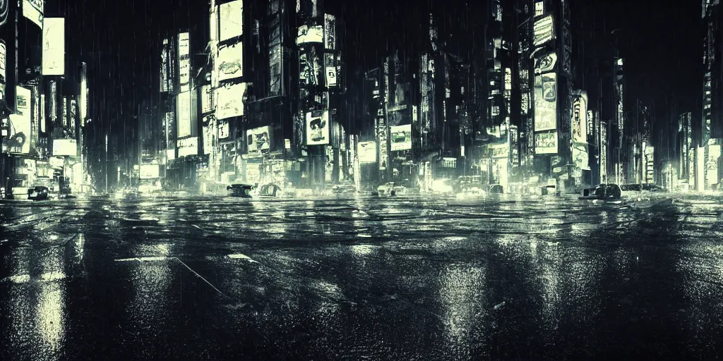 Image similar to a city street at night, raining, photograph, cars on the road, cyberpunk, sharp focus, intricate detail