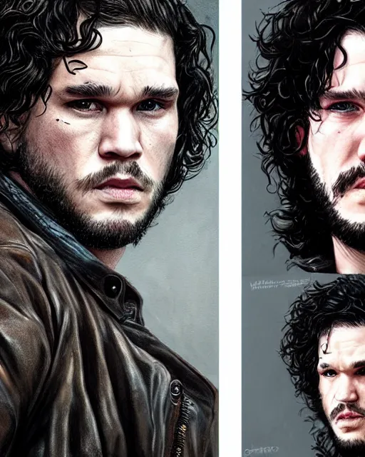 Image similar to portrait of kit harrington, gritty, dark, wearing a leather jacket, very detailed eyes, hyperrealistic, very detailed painting by Glenn Fabry, by Joao Ruas, by Artgerm