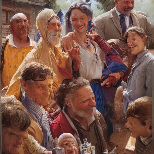 Prompt: an portrait of happy citizens living in an poor village, highly detailed, centered, digital painting, artstation, concept art, donato giancola, Joseph Christian Leyendecker, WLOP, Boris Vallejo, Breathtaking