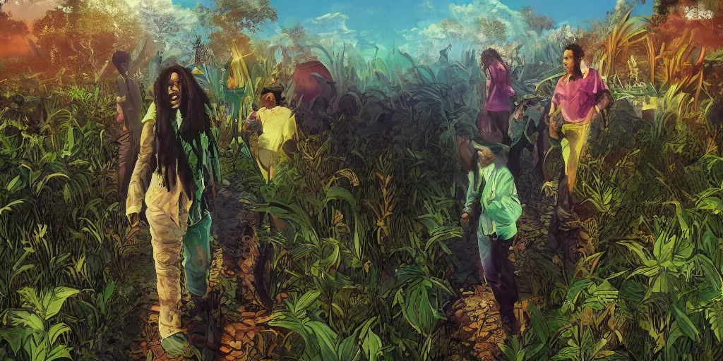 Image similar to bob marley walking though an infinite weed farm digital art, artstation, ultra detailed, beautiful aesthetic art