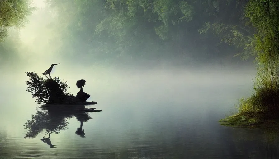 Prompt: a fairy riding a heron over a misty lake, ambient lighting, light bloom, cool lighting, in the style of Edward Robert Hughes!! and Over the Garden Wall!!!