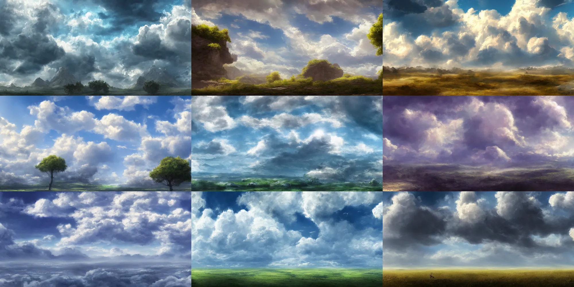 Image similar to peaceful puffy clouds, matte painting, concept art, 4k