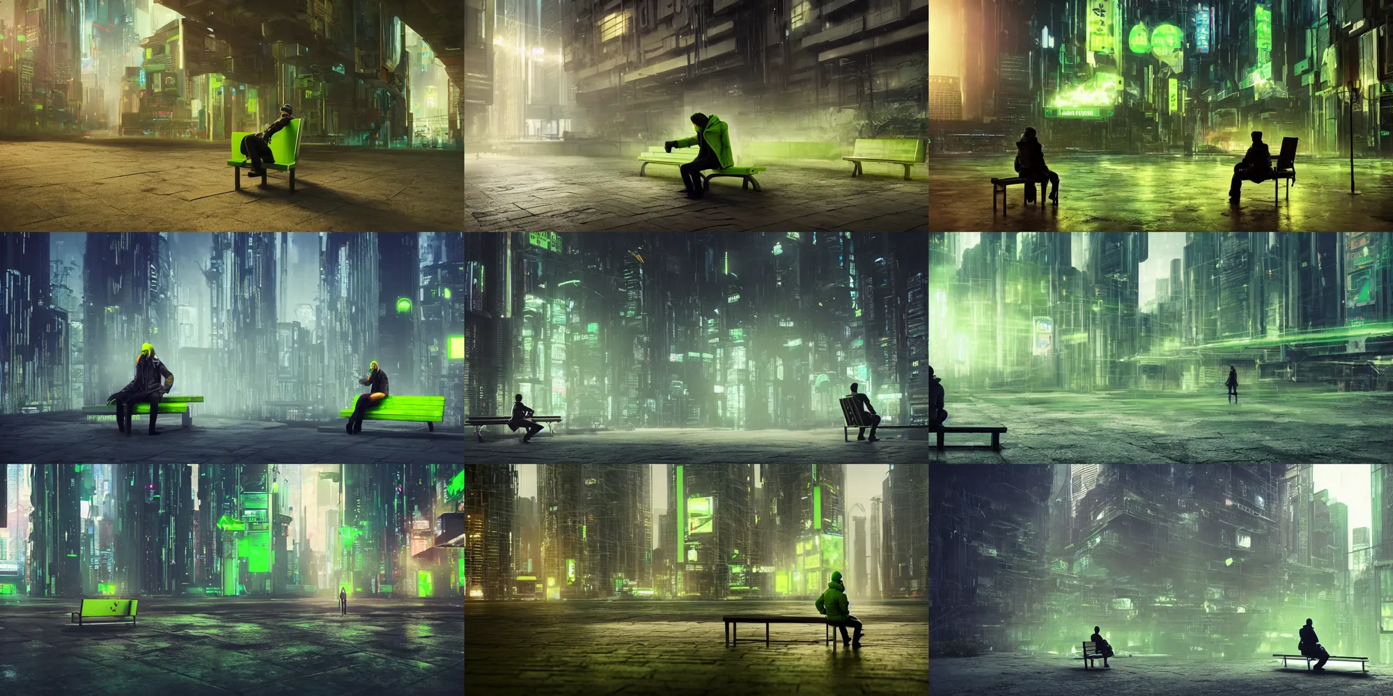 Prompt: Lone adventurer in a lime green coat sitting on a bench in a cyberpunk dystopian megalopolis, beautiful digital art, dramatic volumetric lighting, epic composition, detailed, 4K ultra HD, Octane render