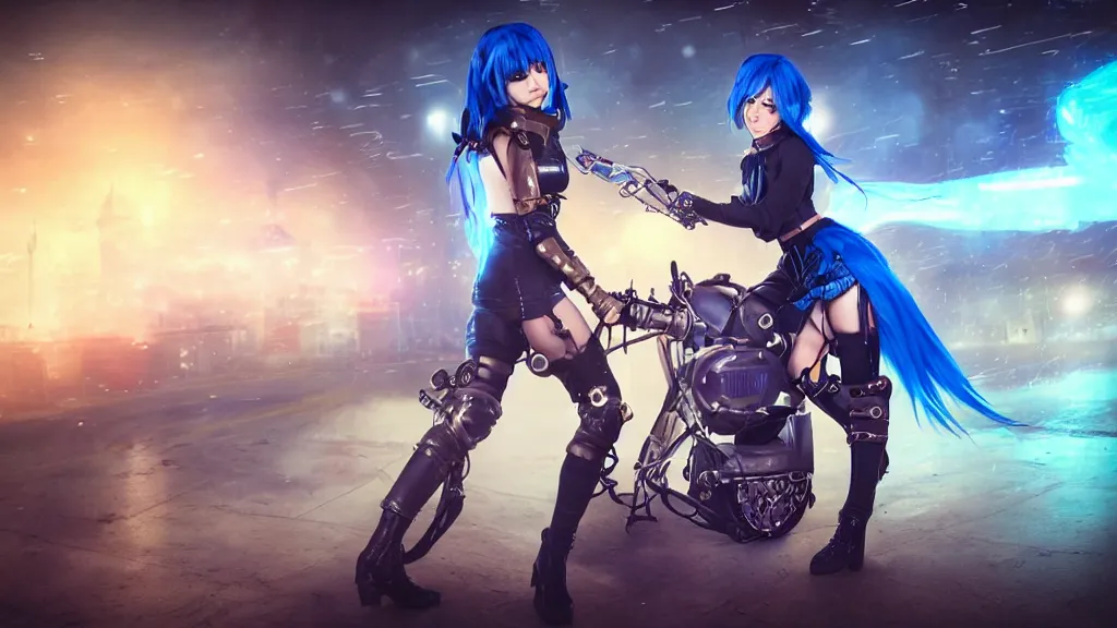 Prompt: cosplay blue haired, solo female character, light armour, miniskirt, riding steampunk motorcycle, in fantasy sci - fi city, night time, city lights, motion blur, final fantasy, cinematic, realistic, stylised, unreal engine, lumen, realistic, artgerm