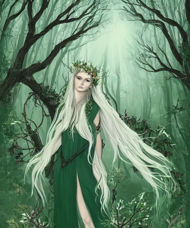 Prompt: young beautiful fey druid woman, full body portrait, white hair, flower crown, dark green robes, intricate, standing in a dark forest, sunbeams, illustration, romanticism