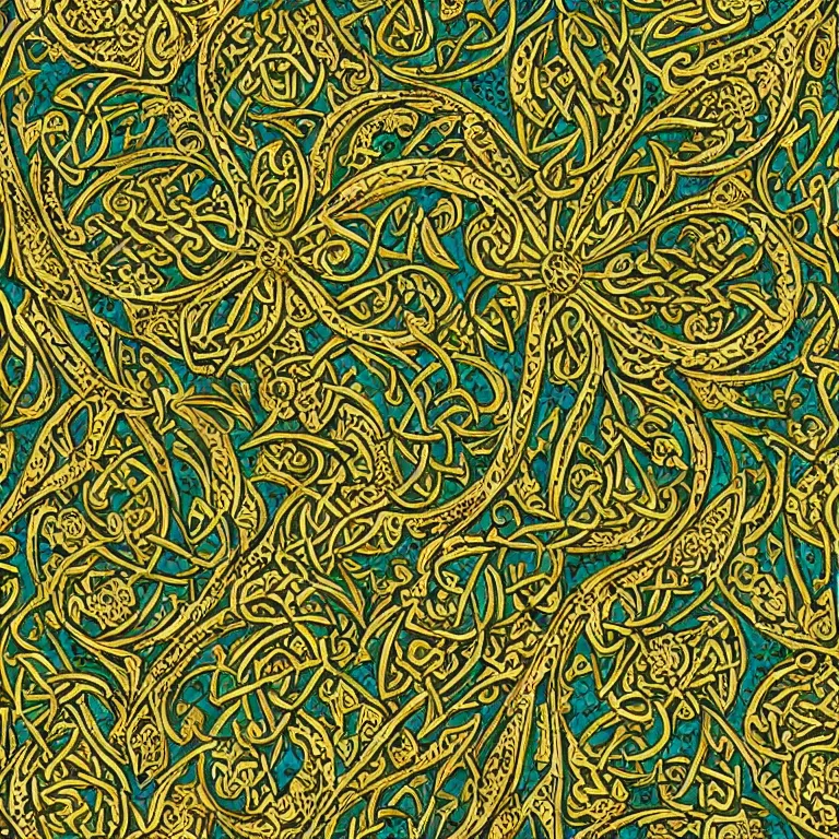 Prompt: medieval celtic arabic ornament with mystic birds and flowers, highly detailed, green and gold, seamless, symmetrical, radial symmetry, bird in the center, fractal