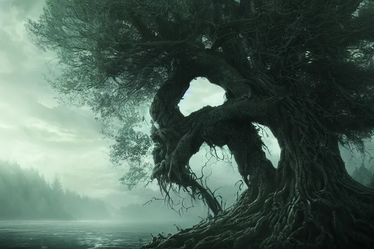 Image similar to an ultra realistic, cinematic headshot portrait, of an evil tree wizard, background of a vast serene landscape, with trees and rivers, detailed, deep focus, movie still, dramatic lighting, ray tracing, by michal karcz and yoshitaka amano