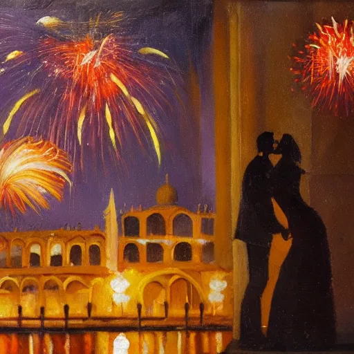 Image similar to an oil painting of couple kissing, in a background fireworks in venice