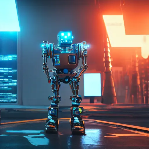 Image similar to thug robot, led screens, matte painting, expression, unreal engine, dramatic cinematic lighting rendered by octane, 8 k, detailed