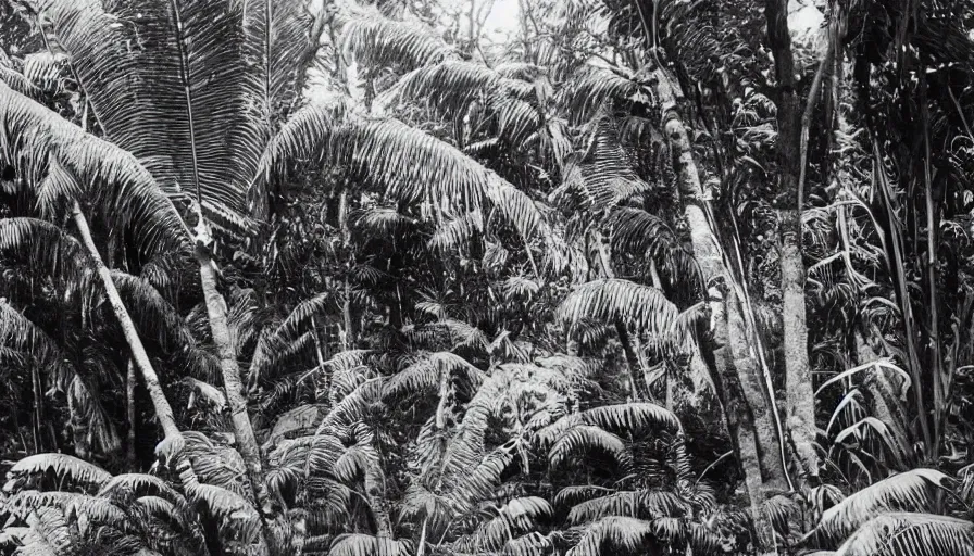 Image similar to lost film footage of a sacred object in the middle of the ( ( ( tropical jungle ) ) ) / film still / cinematic / enhanced / 1 9 2 0 s / black and white / grain