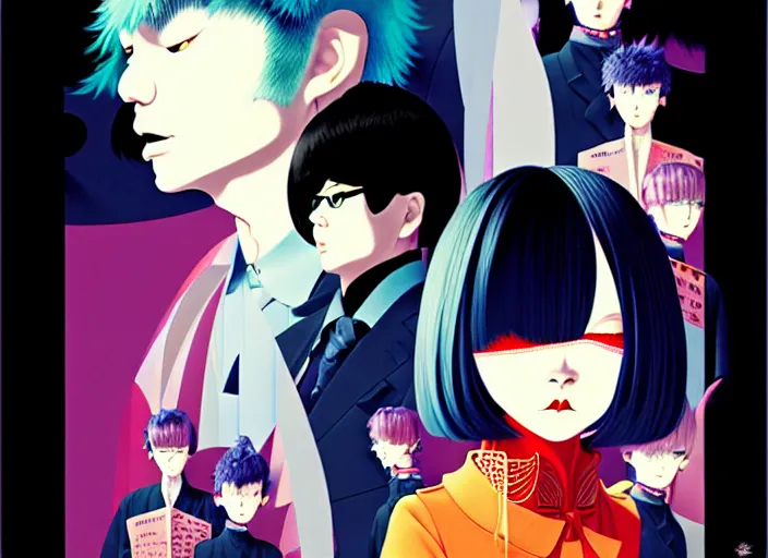 Image similar to editorial illustration by Karolis Strautniekas and Mads Berg, colorful, anime portrait vampire princess miyu, katsuhiro otomo, murata range, haruhiko mikimoto, Ilya kuvshinov,fine texture, smooth cel shading, symmetrical-face, fine details, matte print, film noir, dramatic lighting, dynamic composition, cinematic, film grain, moody, vivid, volumetric,stippled lighting, alphonse mucha face, art deco, smooth light shading, flat