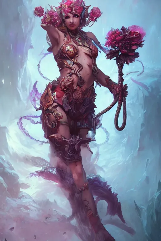 Prompt: beautiful girl necromancer covered with snake sking exploding into blood, practical armor, heroes of the storm, 3 d render, hyper realistic detailed portrait, holding magic flowers, ruan jia, wlop. scifi, fantasy, hyper detailed, octane render, concept art, peter mohrbacher