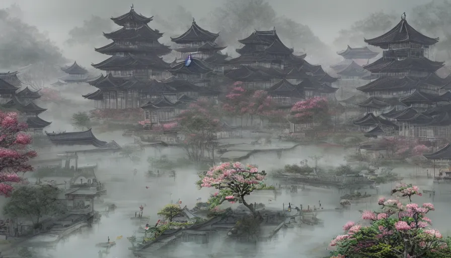 Image similar to magnificent city in ancient china in late spring, flowers will fade, some fog, realistic style, high details, scene concept., trending on artstation