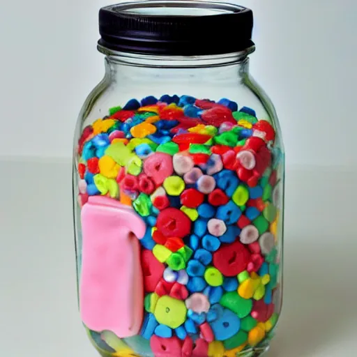 Prompt: a jar with a birthday cake in it.