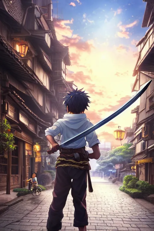 Image similar to ultra detailed keyart of sci - fy movie, a boy carrying a sword in his back is riding a simple bycycle in the main street of isekai shinjuku