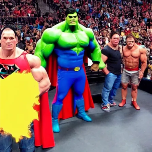 Image similar to supermen and hulk at WWE