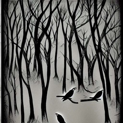 Image similar to zen, forest, birds, ink