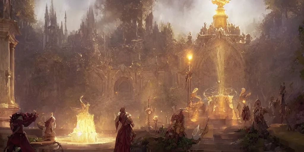 Image similar to fountain of dreams in the baroque era, clerics, staffs, books, choir, hearthstone art style, epic fantasy style art by Craig Mullins, fantasy epic digital art, epic fantasy card game art by Greg Rutkowski