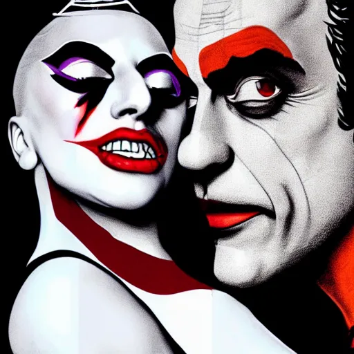 Image similar to richard hamilton and mimmo rottela as lady gaga harley queen and joaquin phoenix joker kissing, pop art, medium long shot, 2 color, justify content center, object details, dynamic composition, 4 k, ultra realistic art, smooth, sharp focus, illustration, concept art, intricate details, h 7 6 8