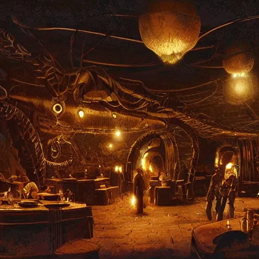 Prompt: scene from prometheus movie, syd mead artlilery spaceship lands in country tavern, filigree ornaments, volumetric lights, micheal whelan