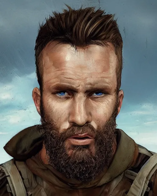 Prompt: portrait of muscular, tired and alcoholic 3 0 - year - old handsome man with short darkblonde hair, serious sad look in his eyes, dirty beard, blue eyes, crying, wearing dirty soldier uniform, on the desert, hyper realistic face, beautiful eyes, character art, art by mark brooks, hyperdetailed, cryengine, trending on artstation, digital art