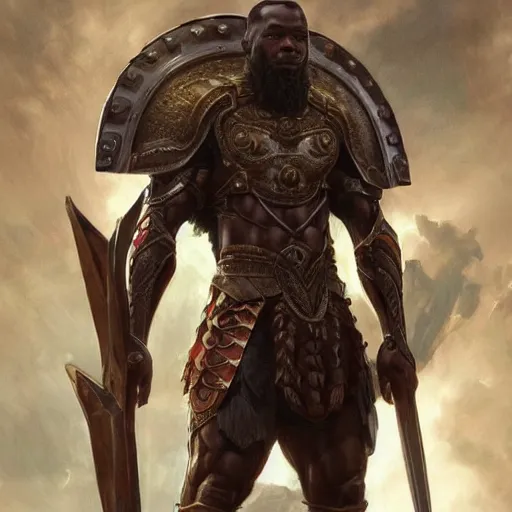 Prompt: a muscular african warrior with cyberkenetic armor standing in a heroic pose holding a shield, ultra realistic, concept art, intricate details, eerie, horror, highly detailed, photorealistic, octane render, 8 k, unreal engine. art by artgerm and greg rutkowski and alphonse mucha