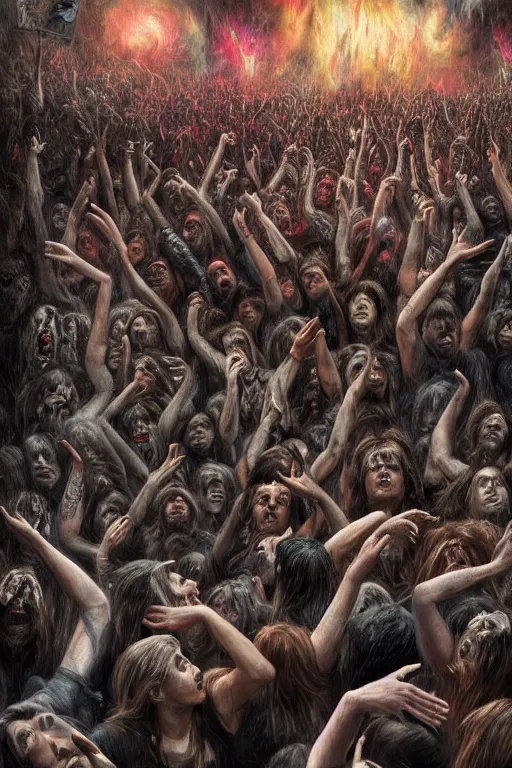 Image similar to a death metal band playing on woodstock, mosh pit, wide angle, super highly detailed, professional digital painting, artstation, concept art, smooth, sharp focus, no blur, no dof, extreme illustration, Unreal Engine 5, Photorealism, HD quality, 8k resolution, cinema 4d, 3D, beautiful, cinematic, art by artgerm and greg rutkowski and alphonse mucha and loish and WLOP