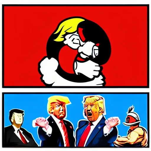 Image similar to xi jinping vs donald trump, street fighter, fight, fistfight, digital art, cartoon style