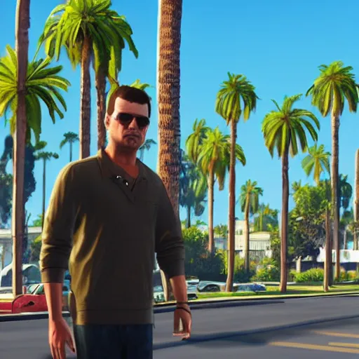 Image similar to Bill Murry in GTA V. Los Santos in the background, palm trees. In the art style of Stephen Bliss