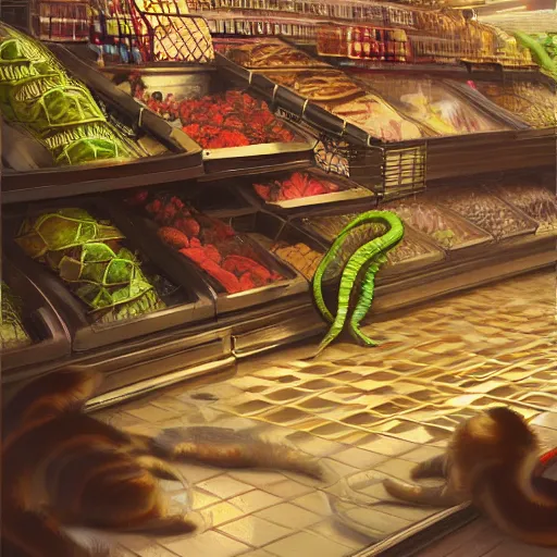 Prompt: digital painting of a super market grocery shopping elegant but deadly cat snake, cat snake serpent cat hybrid monster, by Greg Rutkowski, magic the gathering concept art, trending on artstation, 4k resolution, ((in a super market Costco))