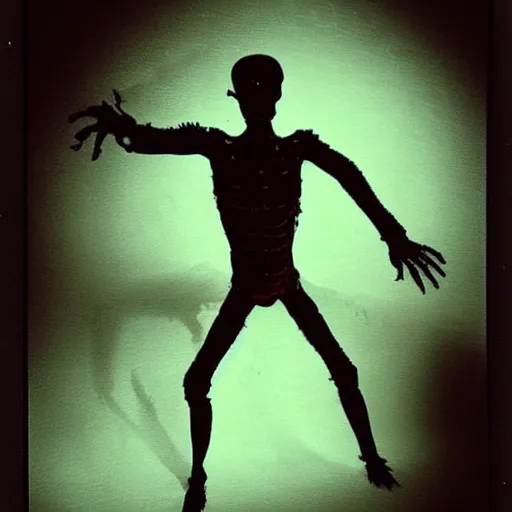 Image similar to transparent horror monster polaroid photo, dynamic pose, full body shot, sharp focus, grainy, interior, flashlight