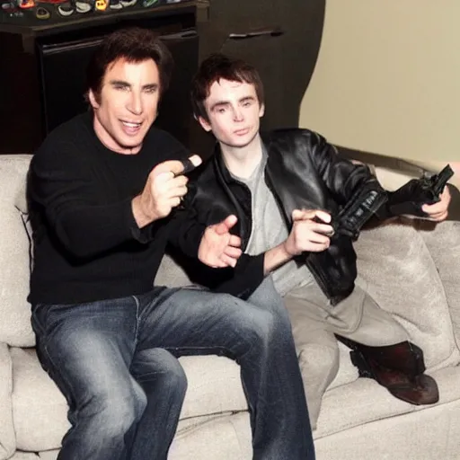 Image similar to john travolta and elijah wood playing xbox ps 2