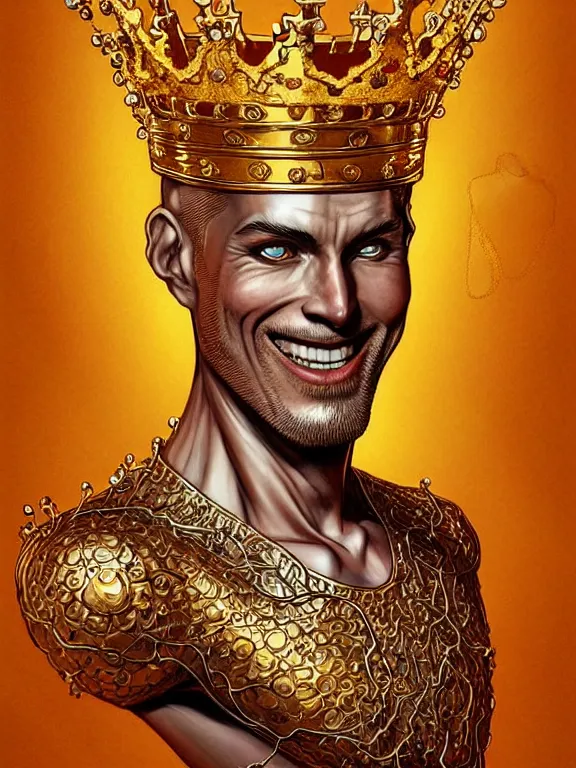 Image similar to digital art, centered full body of an smiling king, golden crown, ,intricate, veins, by James Jean and by artgerm , ultradetailed, charachter design, concept art, trending on artstation,