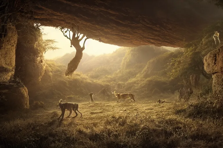 Image similar to tarkovsky scene in the style of the lion king, hyper realistic, ambient lighting, concept art, intricate, hyper detailed, smooth, dynamic volumetric lighting, octane, raytrace, cinematic, high quality, high resolution, 4 k