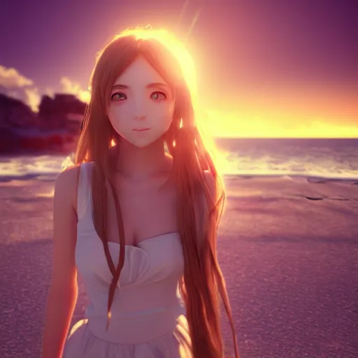 Image similar to Render of a very beautiful 3d anime girl, long hair, hazel eyes, cute freckles, full round face, short smile, cute sundress, golden hour, serene beach setting, medium shot, mid-shot, highly detailed, trending on Artstation, Unreal Engine 4k wallpaper