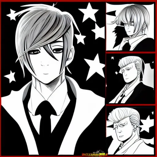 Image similar to trump as anime character cover monochrome stylish art station