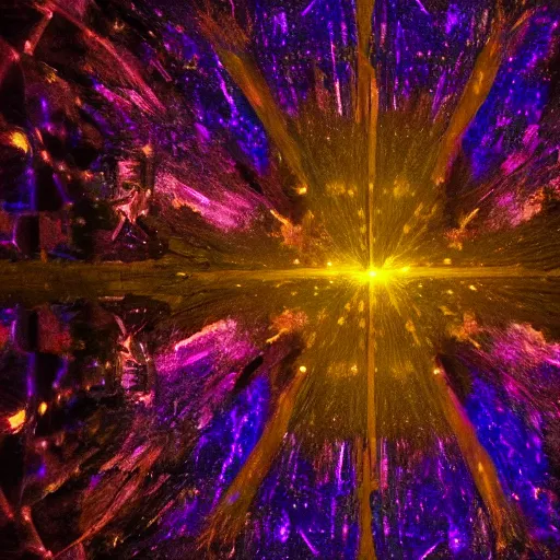 Prompt: an abstract crystals in dark room with some lights shinning on it, art like MidJourney.