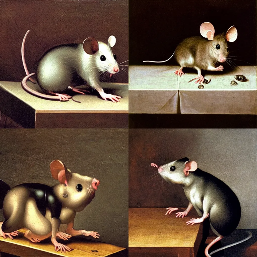 Prompt: a half mechanical mouse on a wooden table, oil painting by caravaggio, renaissance art, oil on canvas, wet - on - wet technique, realistic, expressive emotions, intricate textures, illusionistic detail