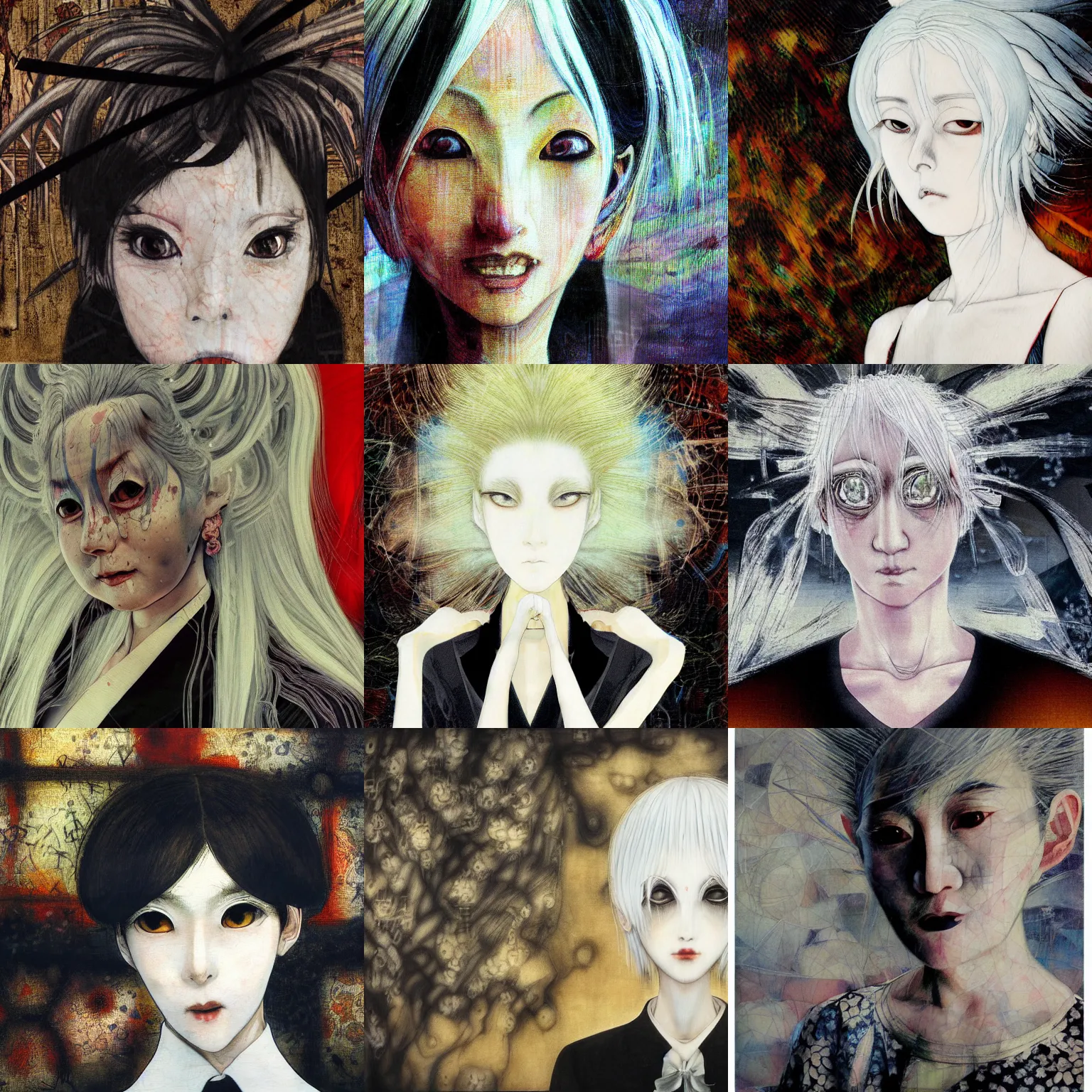 Image similar to yoshitaka amano blurred and dreamy realistic three quarter angle portrait of a woman with white hair and black eyes wearing dress suit with tie, junji ito abstract patterns in the background, satoshi kon anime, noisy film grain effect, highly detailed, renaissance oil painting, weird portrait angle, blurred lost edges