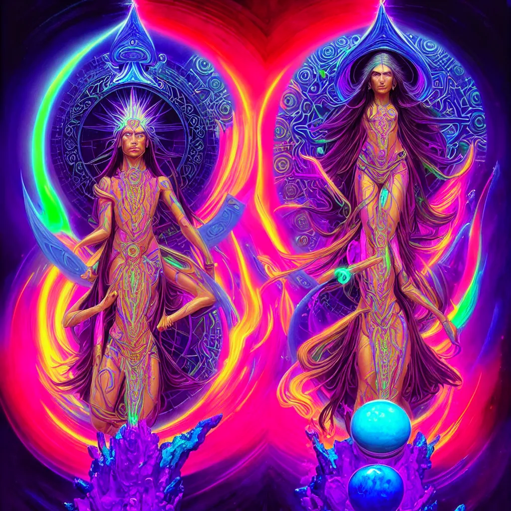 Image similar to epic scale cinematic full centered view chromaticity dmt goddess alex grey character concept of a beautiful colorful crystals powder liquids, glowing fluorescent velvet neon blacklight hues and saturation, sacred dmt color goddess visionary fantasy art by greg rutkowski android jones artgerm alphonse max chroma rule of thirds golden ratio sacred geometry ai generated art centered symmetrical threefold symmetry