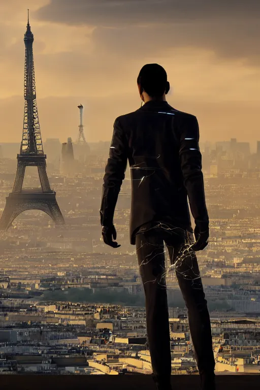 Image similar to in the foreground Paris, in the background a dark-haired man from behind playing with lightning coming out of his hands wearing a long matrix-style jacket, realistic, high definition, many details, dramatic scene, symmetrical face, realistic eyes, cyberpunk art 2077