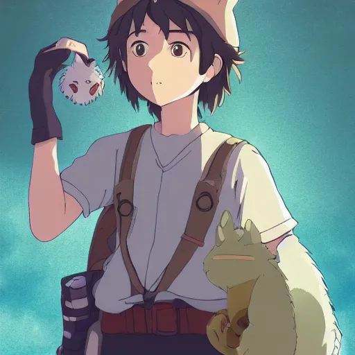 Image similar to friendly guy and small creature , with Fragile looking character portrait face made in Studio Ghibli artstyle ,highly detailed art, beautiful scene, sharp focus, smooth, 8k, anime art, fantasy, style in ghibli anime