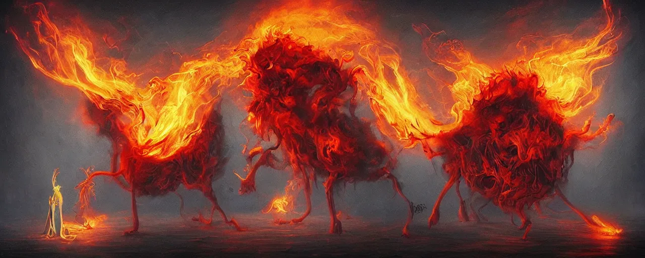 Image similar to whimsical fiery alchemical creatures, surreal dark uncanny painting by ronny khalil